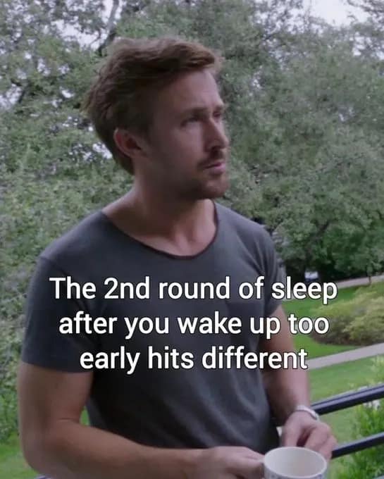 meme dump using a shot of Ryan Gosling holding a white mug on a balcony to explain why the "2nd round of sleep" after waking up too early is superior to all other rest.