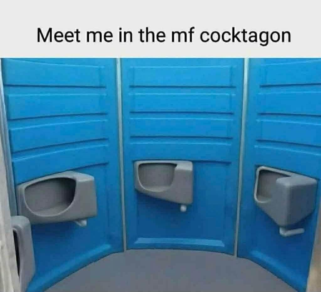 A chaotic meme dump photo of a circular, inward-facing portable urinal station made of blue plastic, captioned with the intense phrase: "Meet me in the mf c*cktagon."