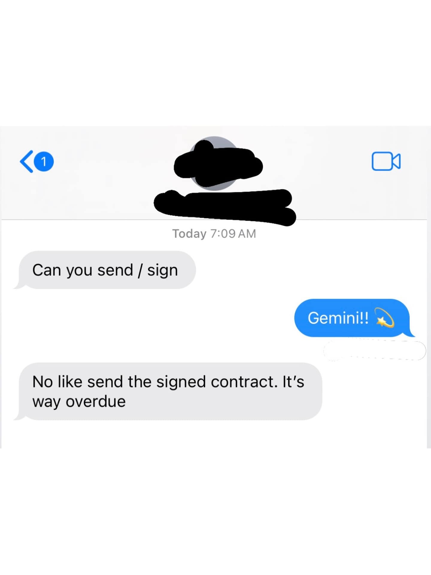 A text message screenshot goes viral as a hilarious meme when a user completely misinterprets a business request to "send / sign" a contract by enthusiastically responding with their astrological star sign, Gemini.