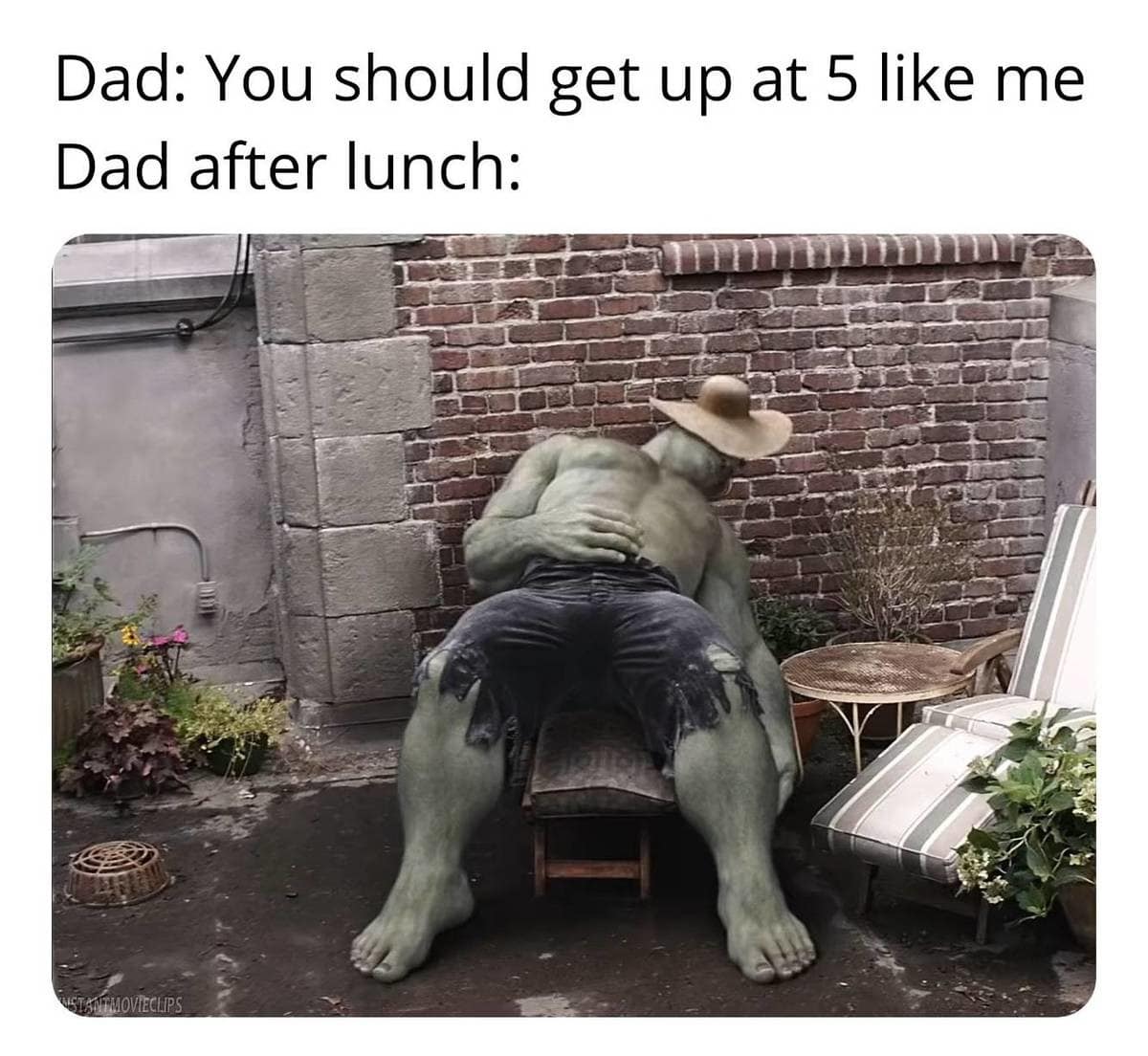 A funny meme depicts the Marvel character Hulk as an action figure slumped backwards completely unconscious in a backyard patio chair while wearing a giant straw cowboy hat to joke about dads napping right after lunch.