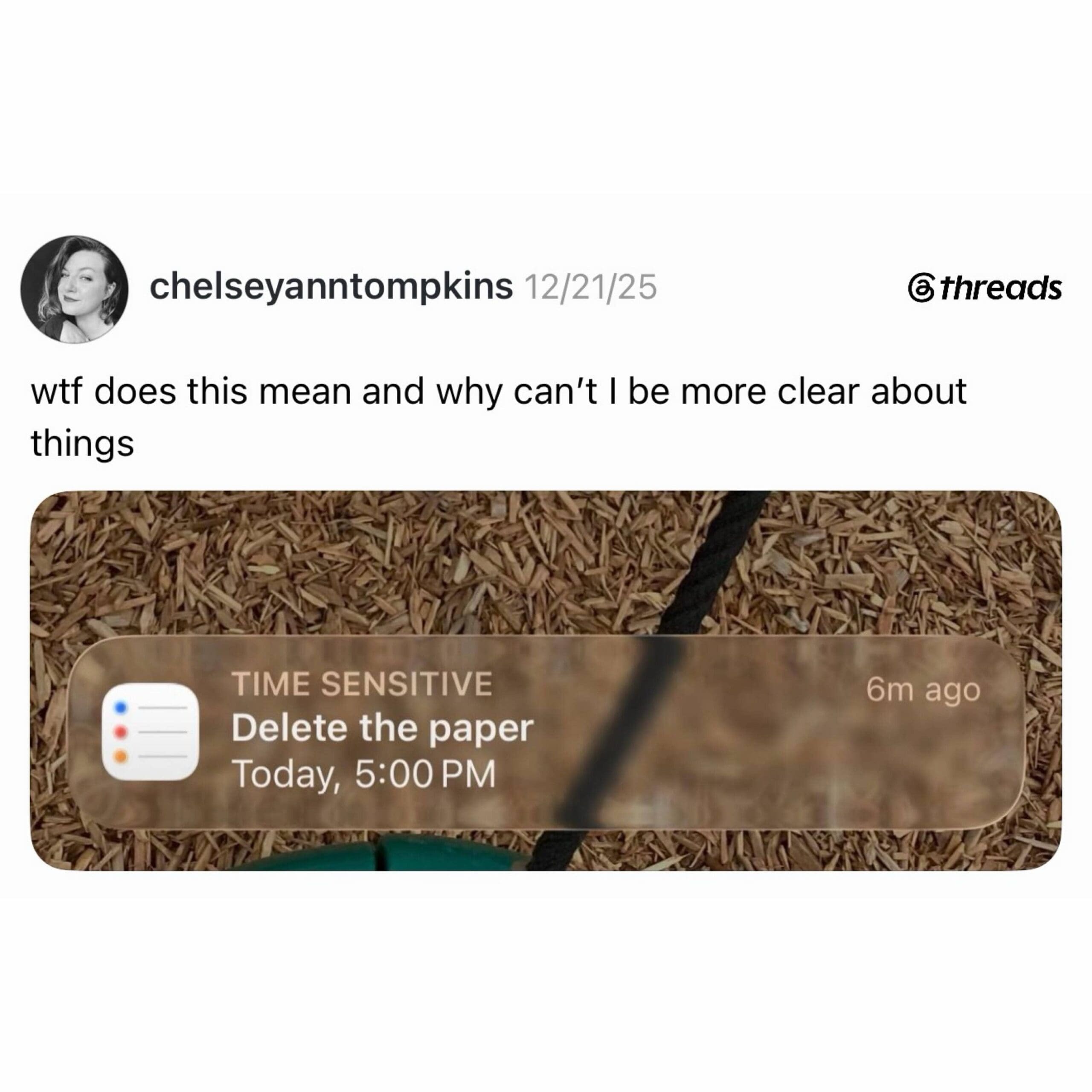 Threads post showing a confusing and vague time sensitive phone notification saying delete the paper.