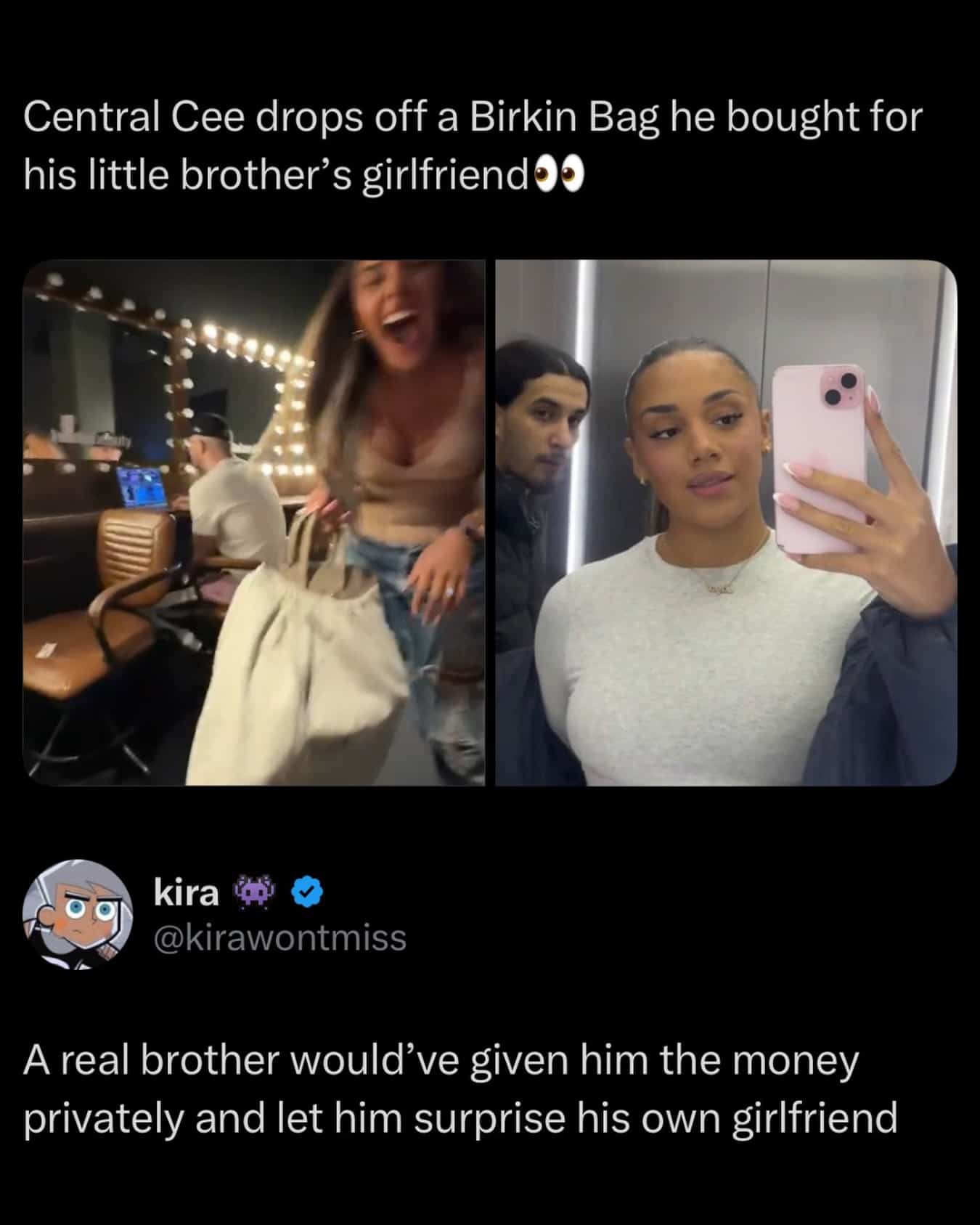Tweet criticizing Central Cee for gifting a Birkin bag directly to his brother's girlfriend.