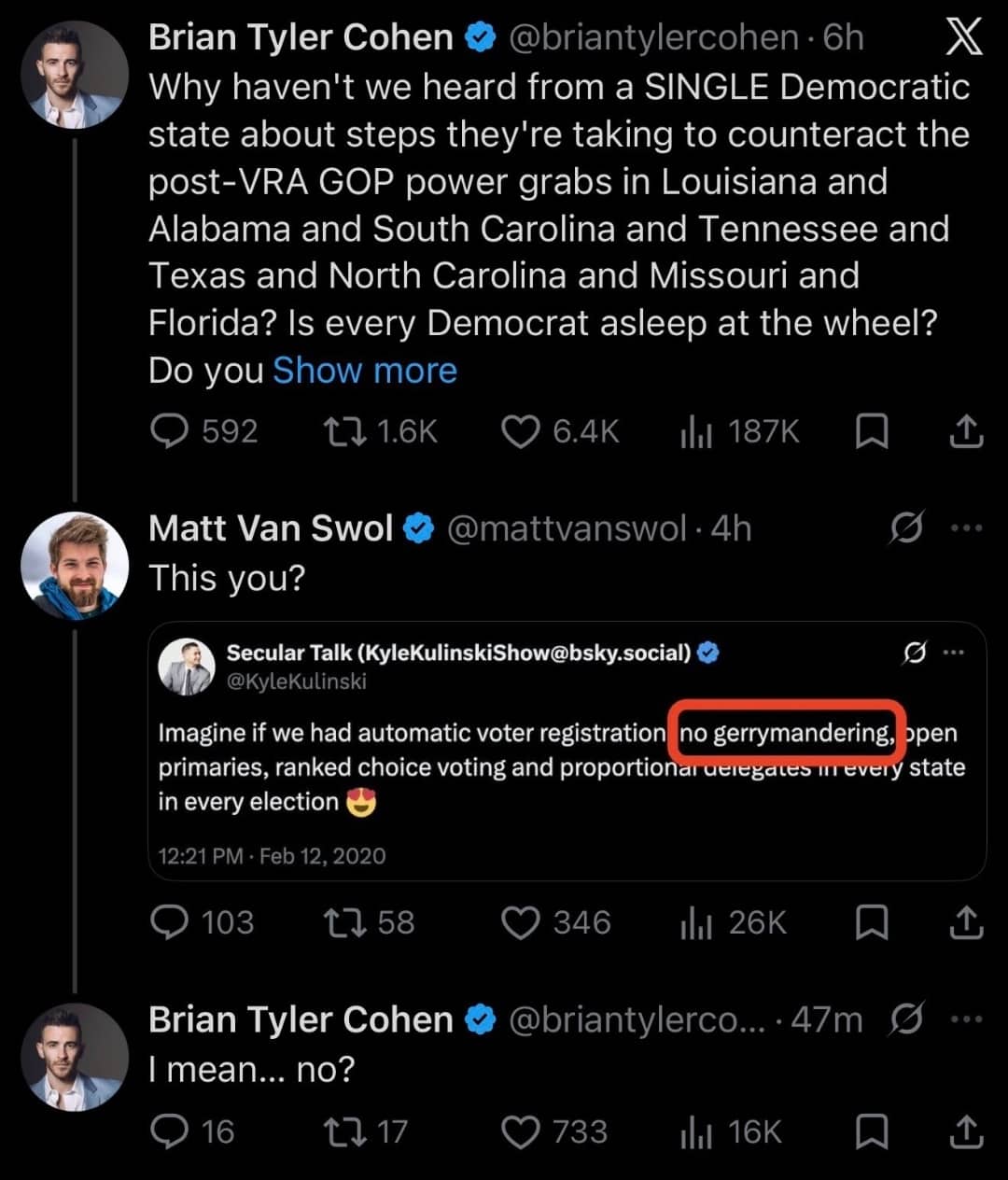 Political Twitter thread debating voting rights and gerrymandering with "This you?" callout screenshot.