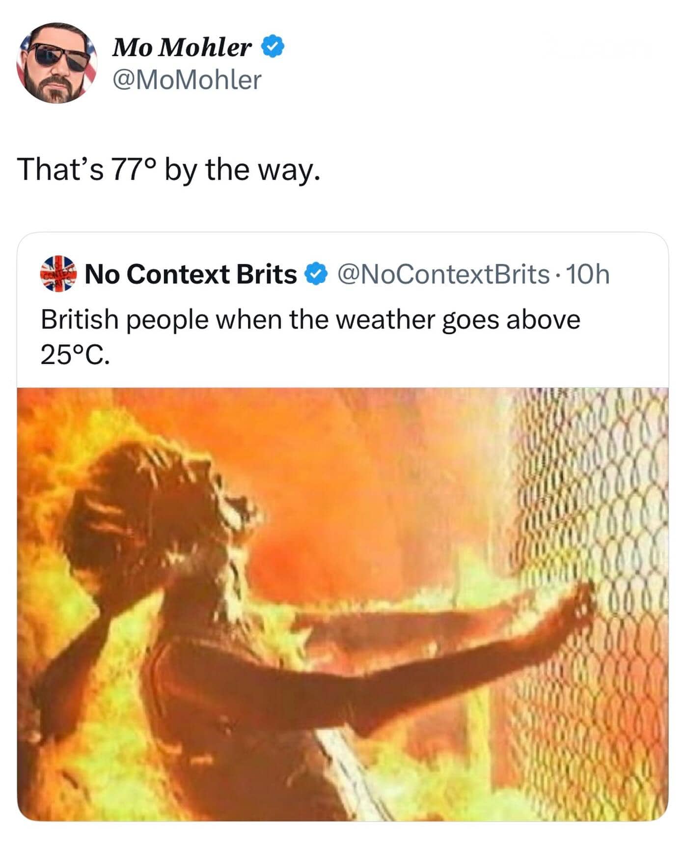 Funny Twitter meme about British people melting in hot weather above 25 degrees Celsius.