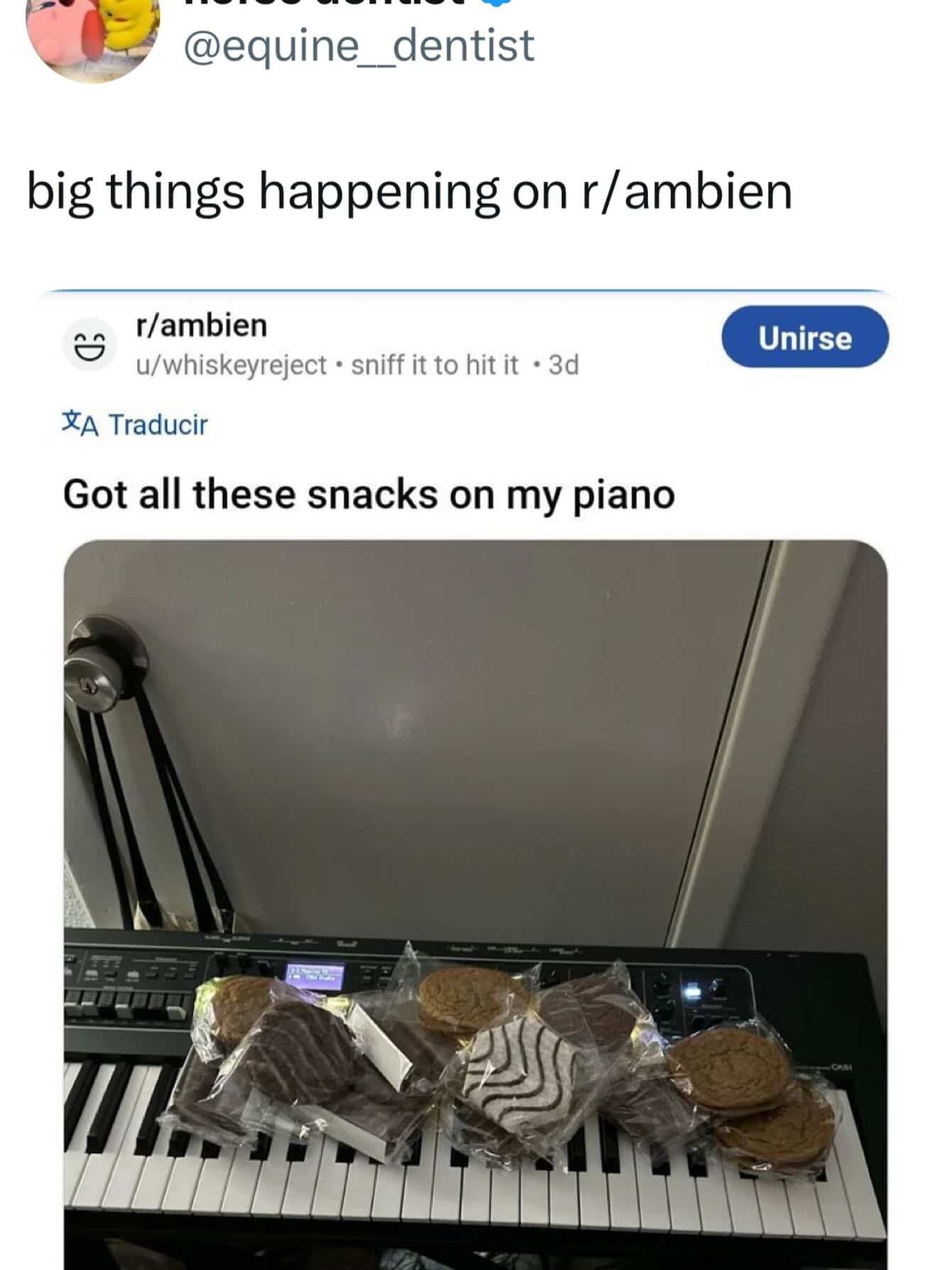 Reddit post from r/ambien showing a digital keyboard covered in packaged snack cakes.