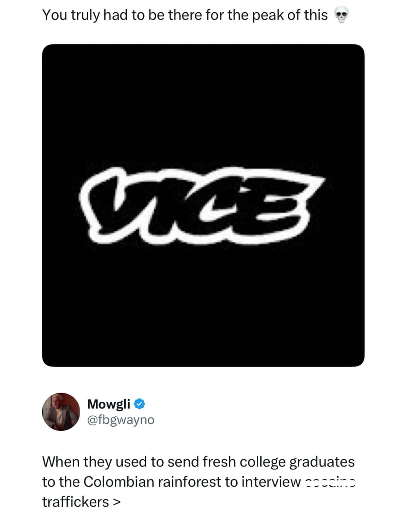 Retro Vice media logo with a tweet reminiscing about sending fresh graduates to dangerous locations.