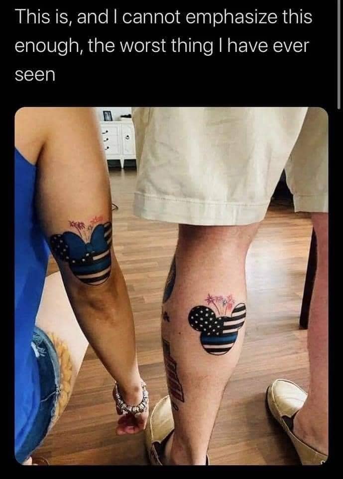 Bad tattoos meme showing matching American flag Mickey and Minnie Mouse designs on legs.