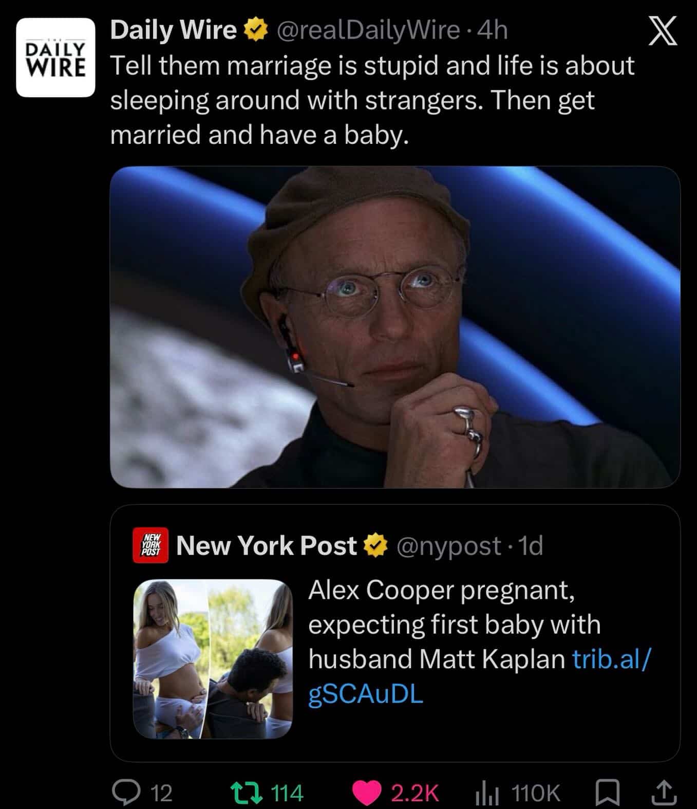 Daily Wire tweet mocking news of podcast host Alex Cooper getting married and pregnant.