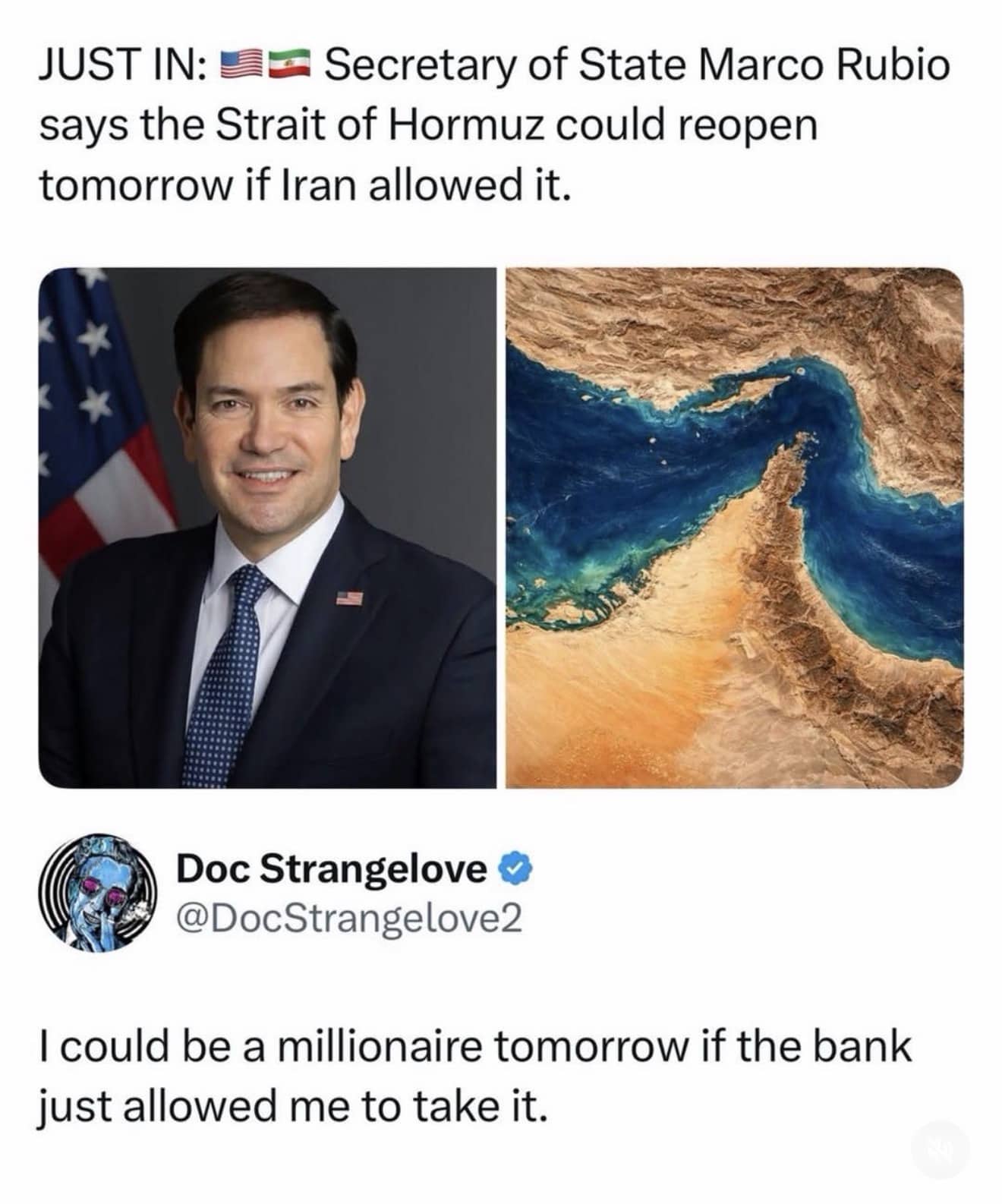 News screenshot of Marco Rubio regarding the Strait of Hormuz with a snarky bank robbery reply.