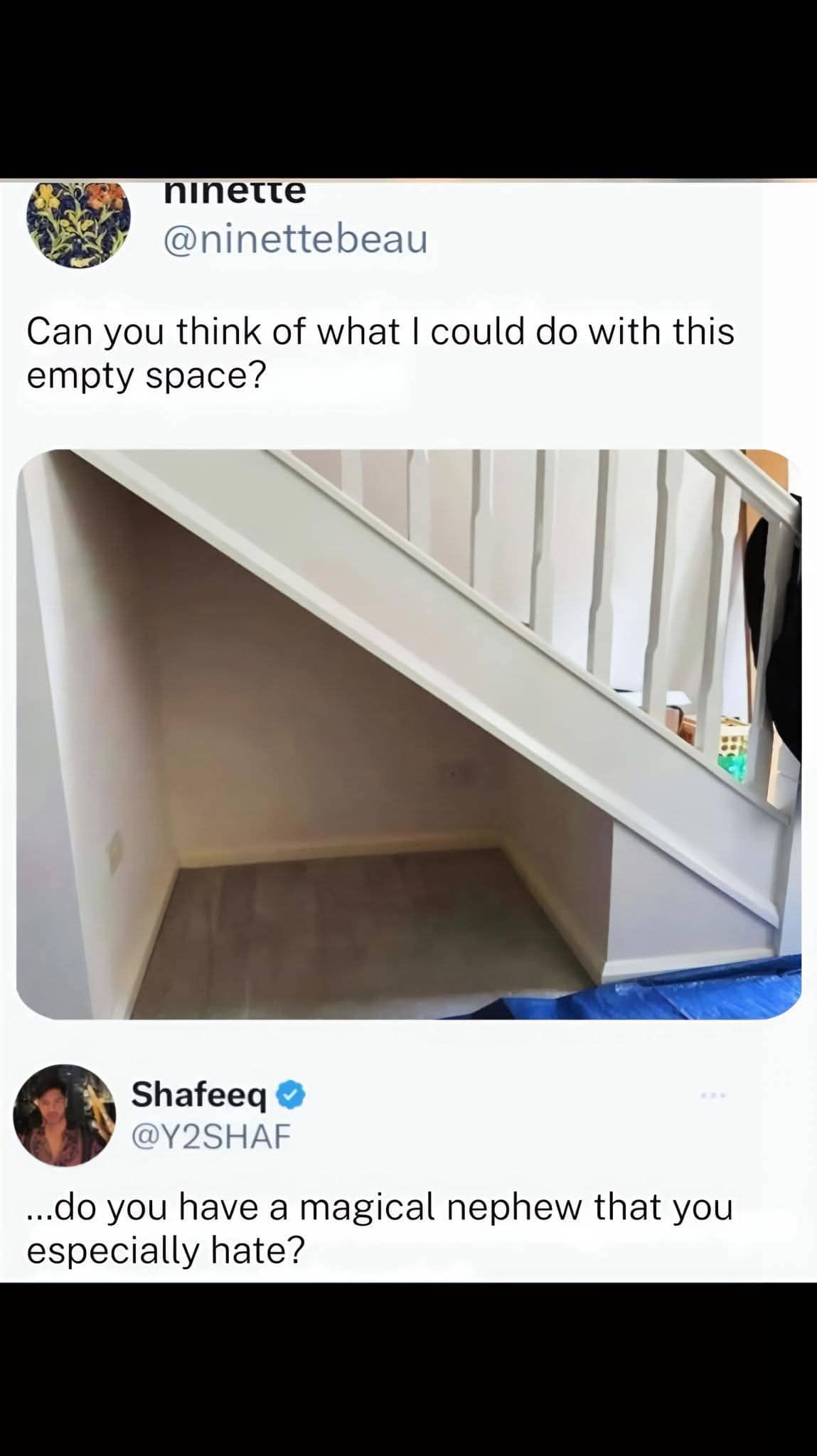 Social media post of an empty closet under stairs with a funny Harry Potter reference reply.