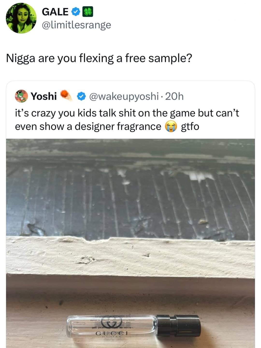Social media post mocking someone for trying to flex a tiny Gucci fragrance free sample.