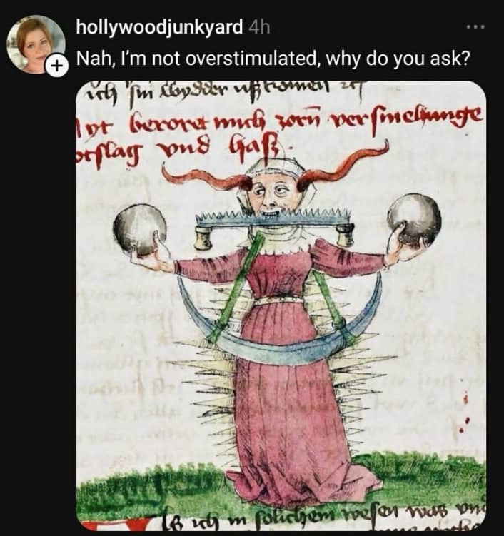 Medieval illustration of a person covered in spikes and blades representing the feeling of overstimulation.