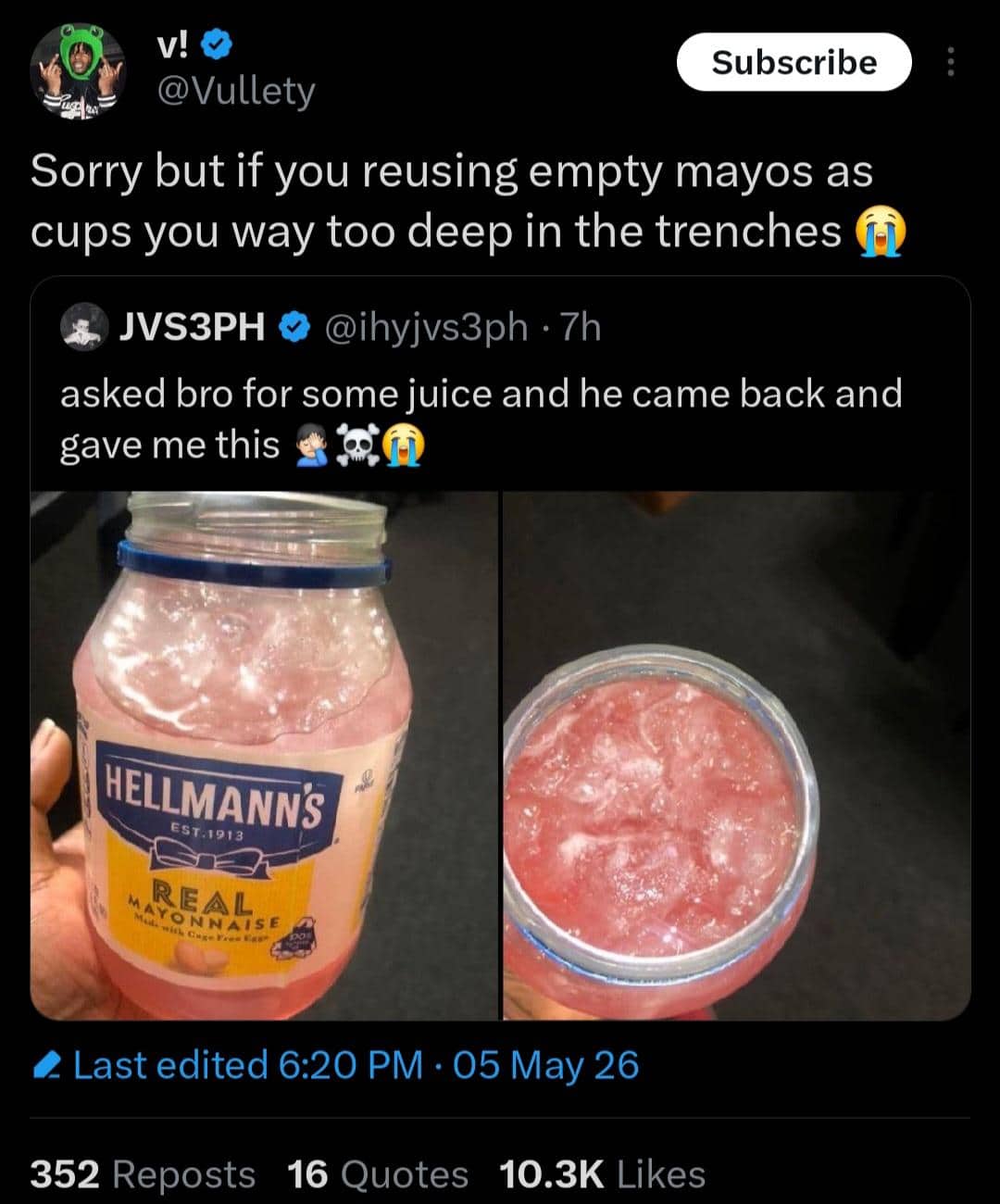 Viral social media post showing pink juice served in a reused glass Hellmann's mayonnaise jar as a cup.