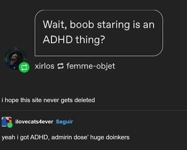 Social media thread joking about ADHD as an acronym for admiring large breasts in public.