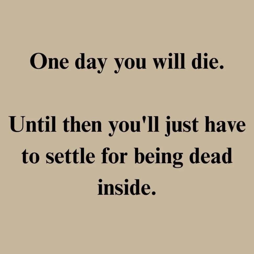 Relatable existential dread meme stating that one day you will die so settle for being dead inside.