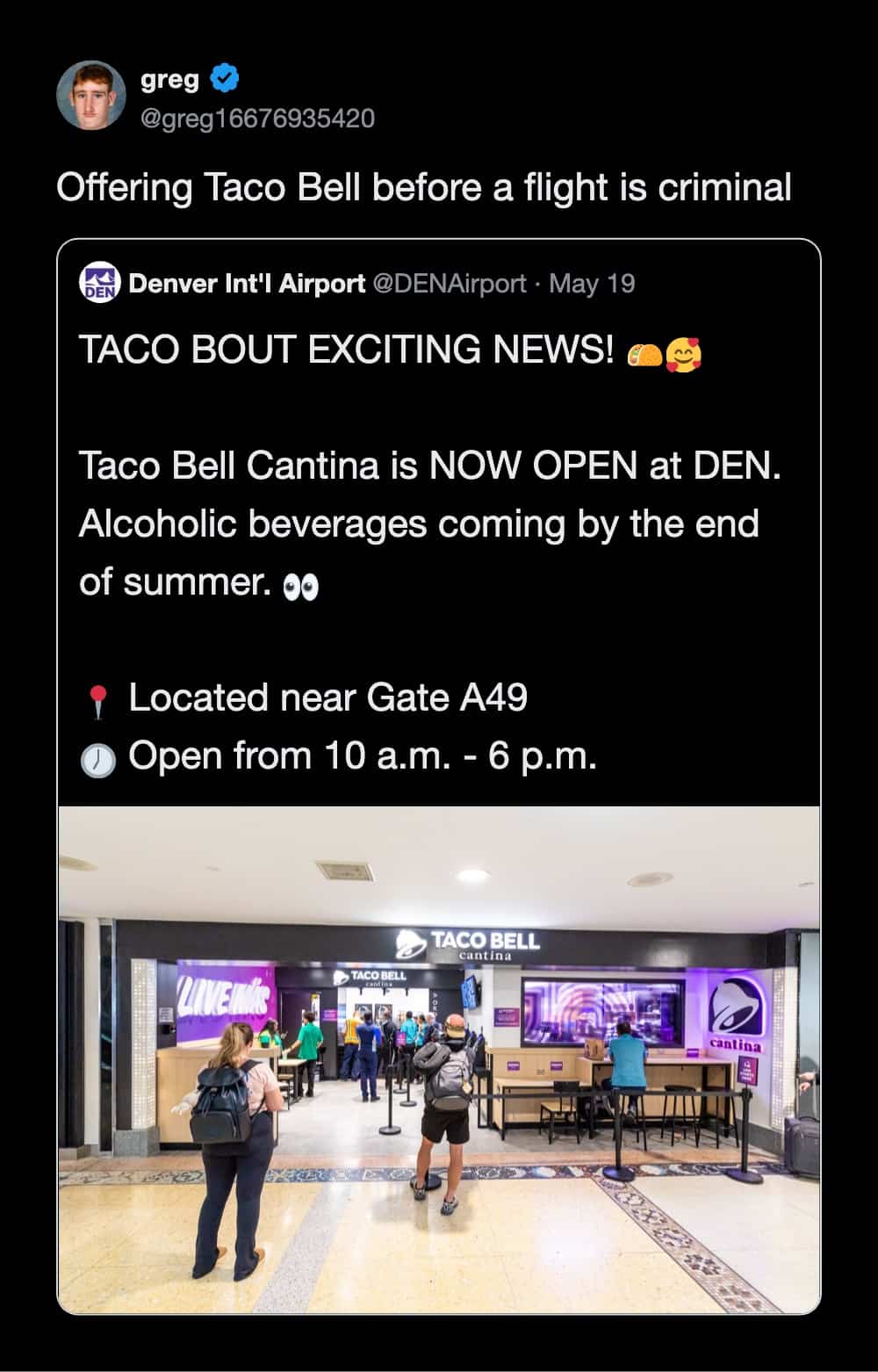 Tweet criticizing Taco Bell before a flight next to Denver International Airport’s restaurant announcement.