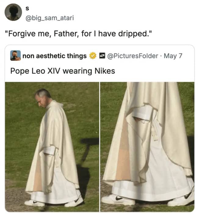Priest wearing white Nike sneakers with a caption about having drip and forgiving sins.