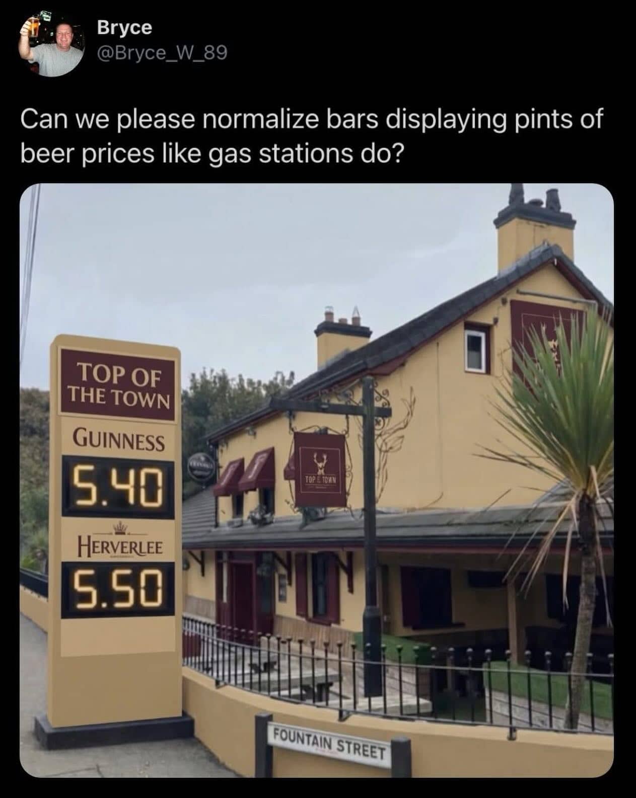 A pub called Top of the Town displaying Guinness and Heverlee prices on a gas station sign.