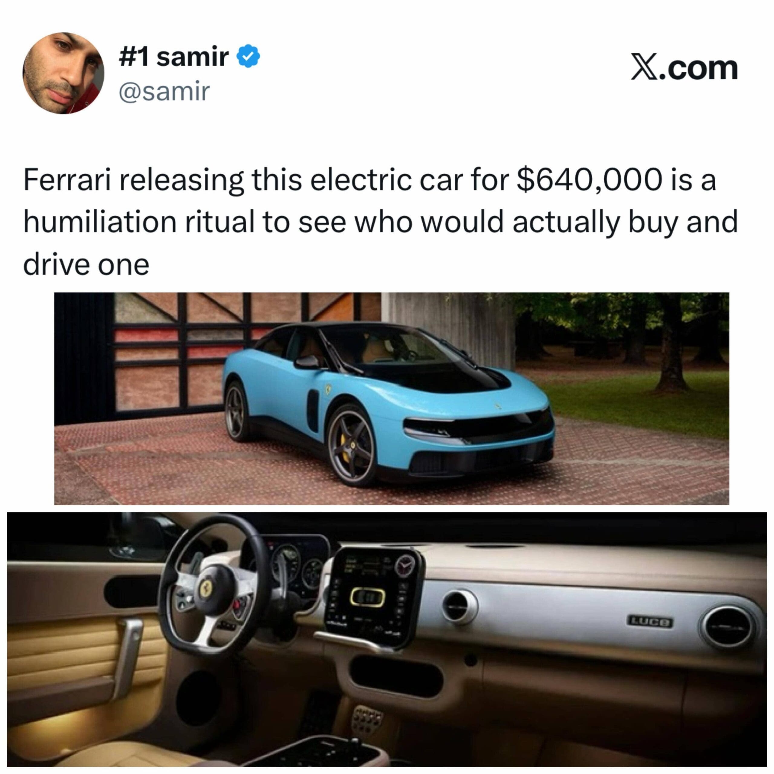 Sarcastic social media meme criticizing the expensive $640,000 electric Ferrari design and interior dashboard layout.