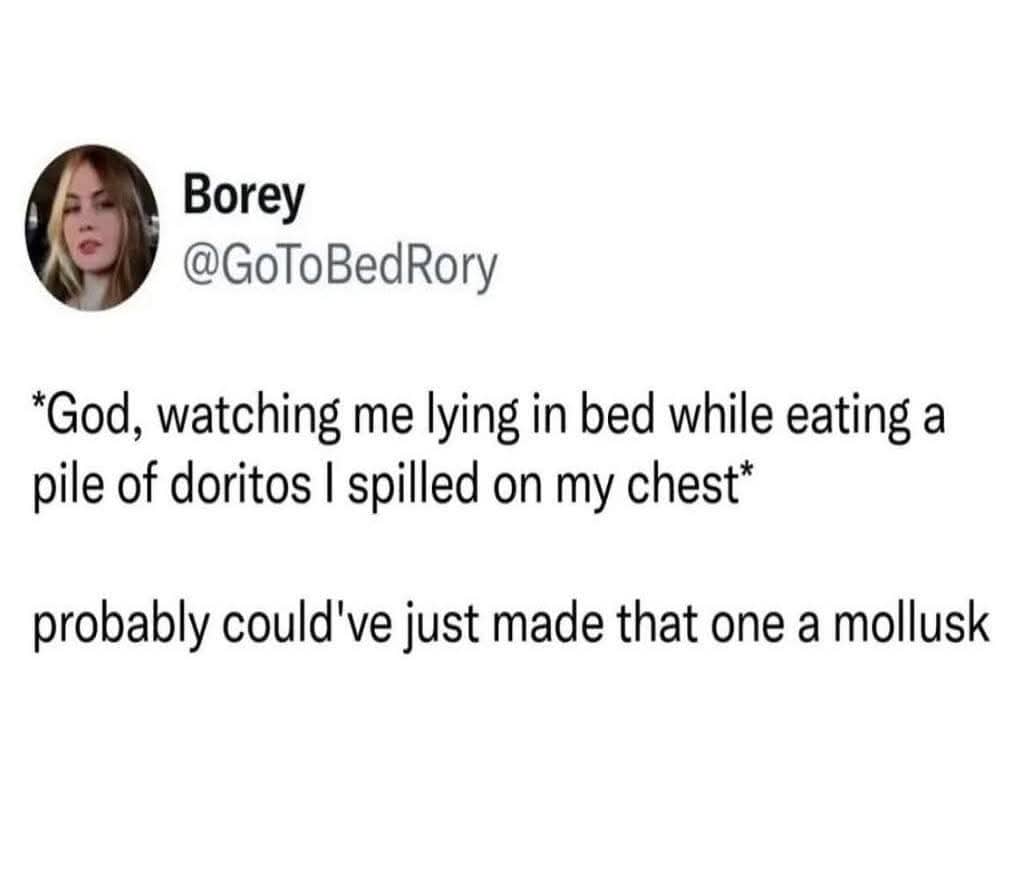Humorous tweet about God regretting making humans after seeing someone eat spilled chest chips.