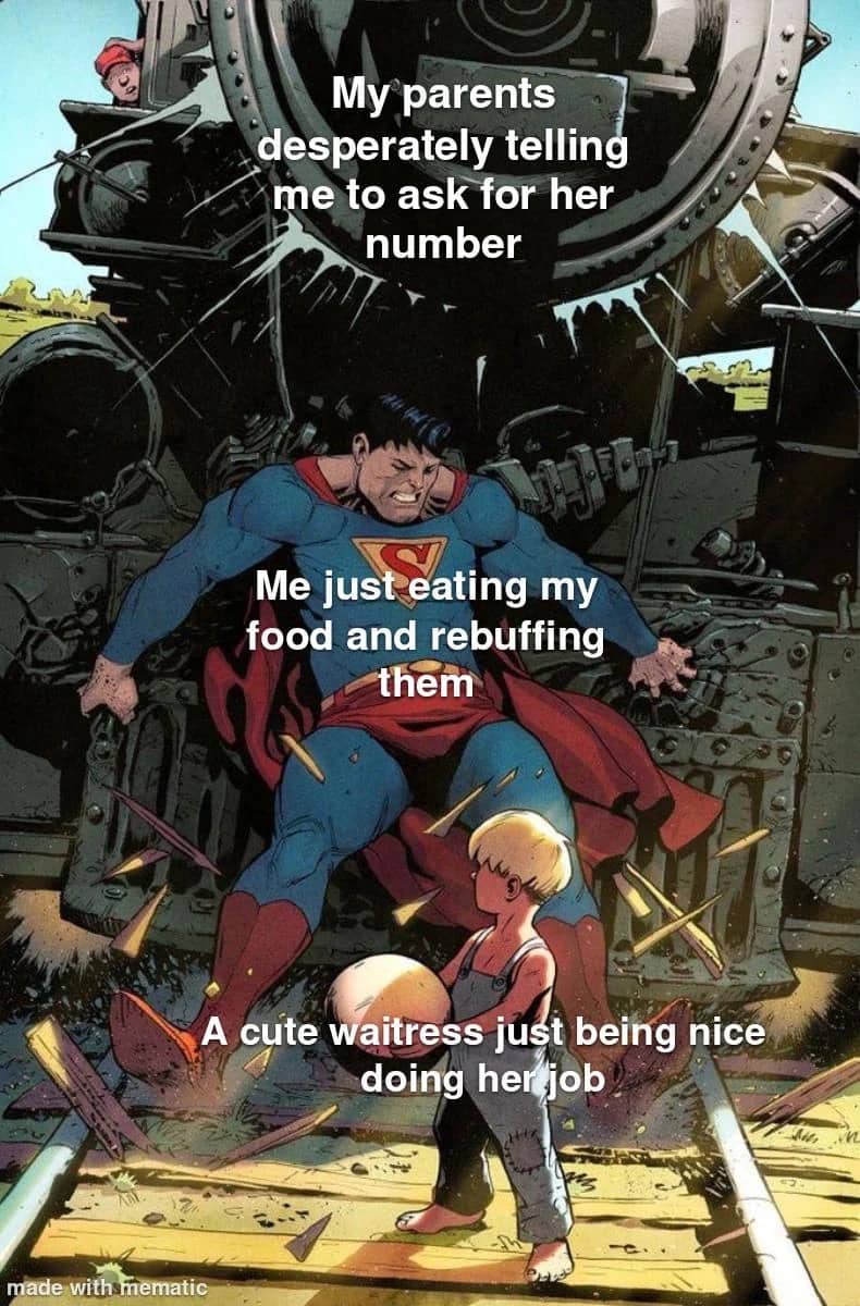 Comic art of Superman stopping a train to protect a child used as a dating meme.