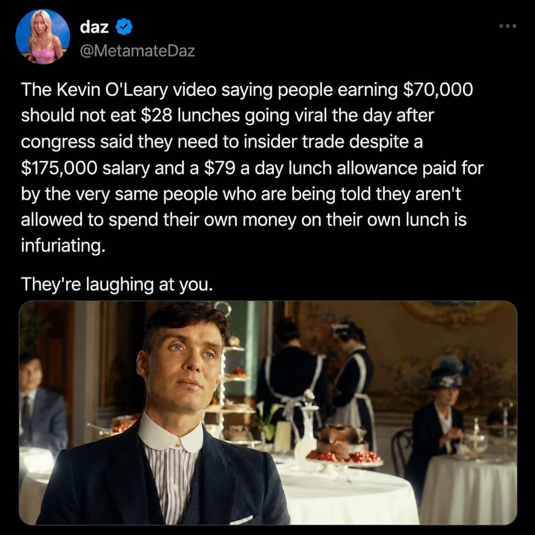 Meme criticizing wealthy politicians and financial influencers over lunch costs with a Peaky Blinders image.