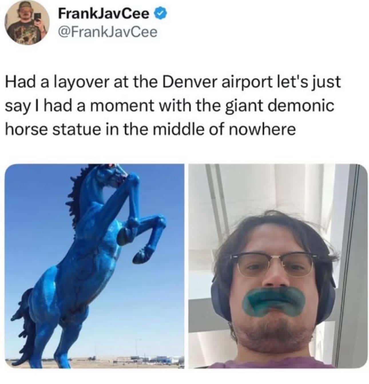 Side-by-side comparison of the Denver airport blue horse statue and a man's blue lips.