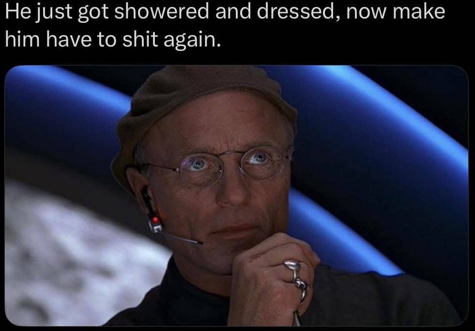 Ed Harris as Christof from The Truman Show looking thoughtful with text about showering.