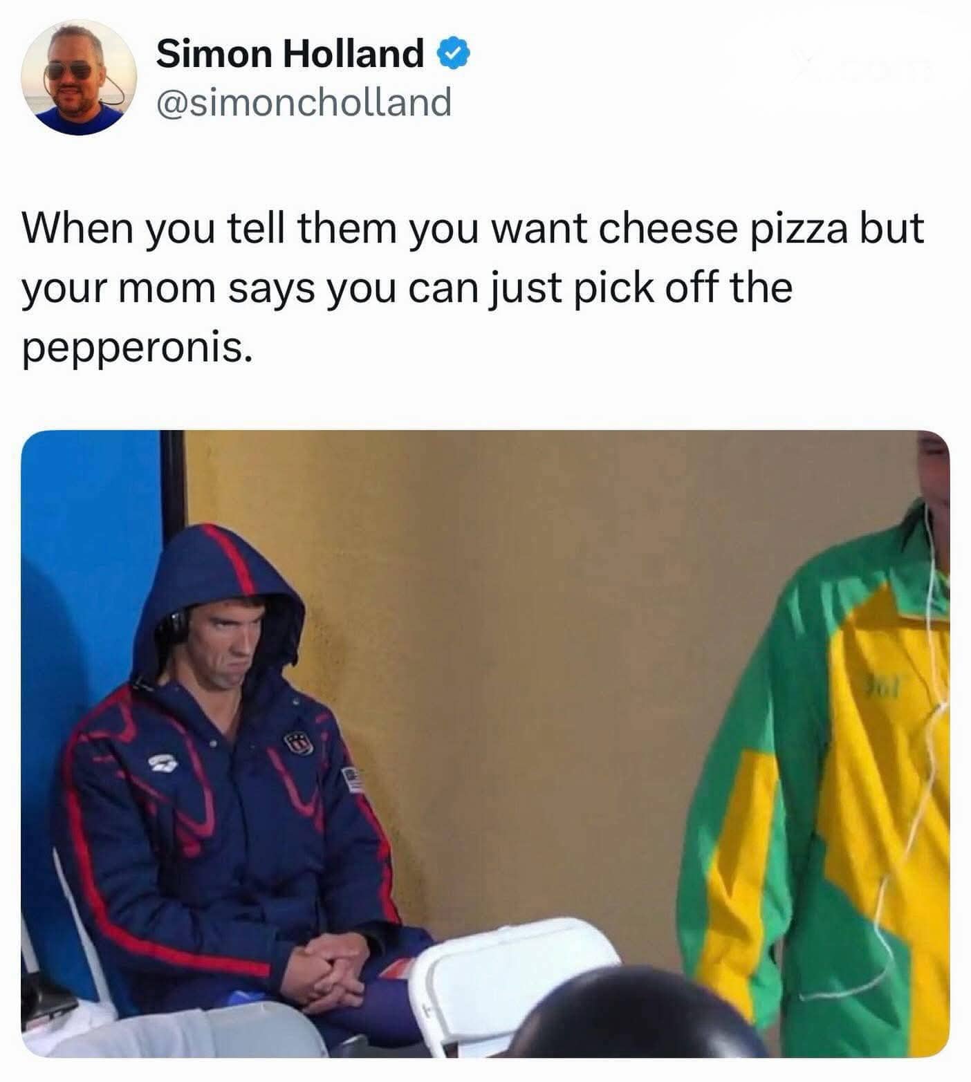 Michael Phelps looking angry at the Olympics with a caption about picking off pizza pepperonis.
