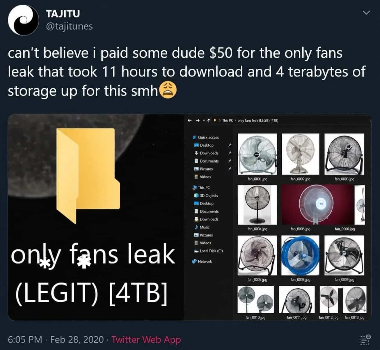 Twitter meme featuring a fake four terabyte folder filled with images of literal cooling fans.