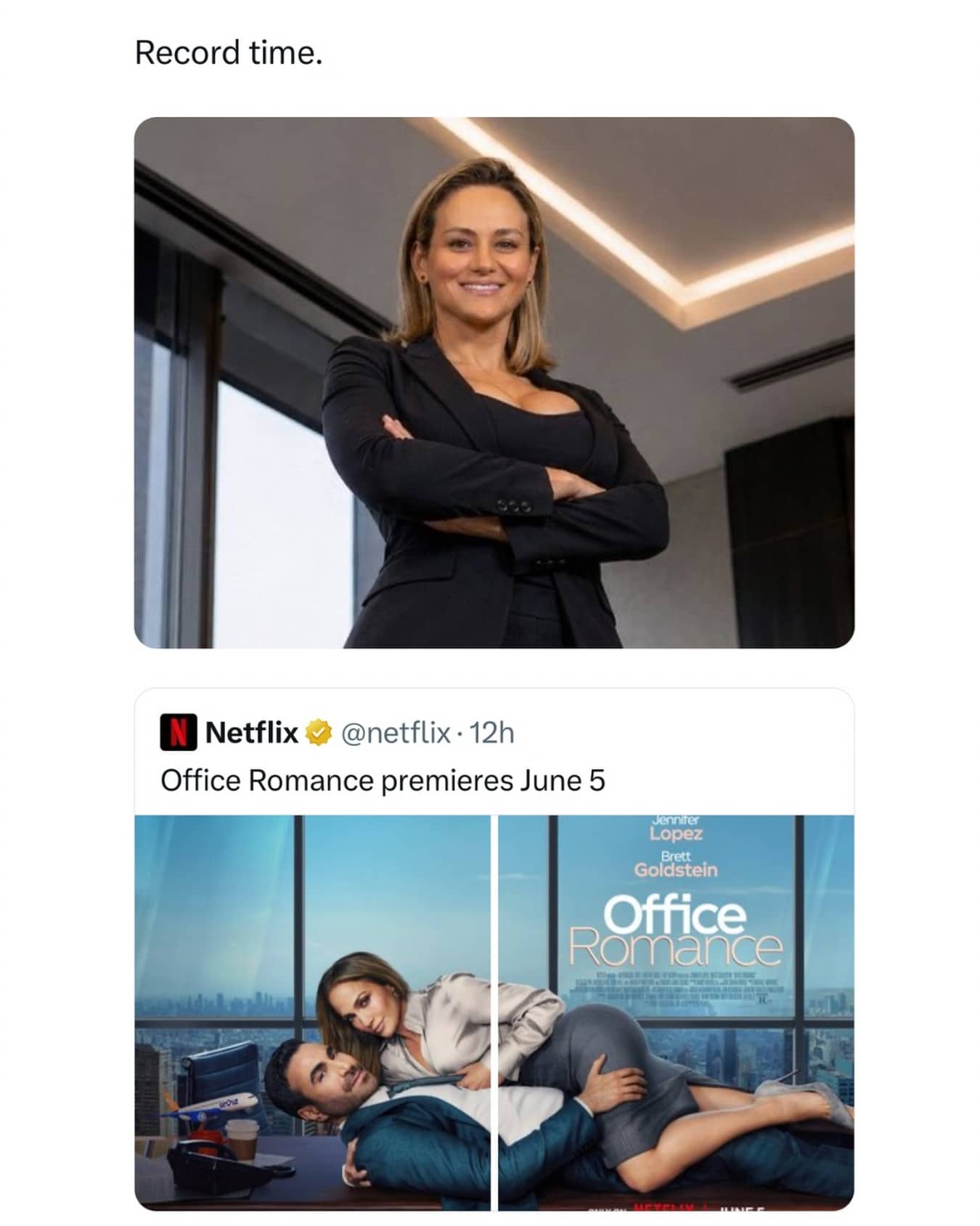 Humorous juxtaposition meme showing a Netflix poster next to an executive with an identical background.