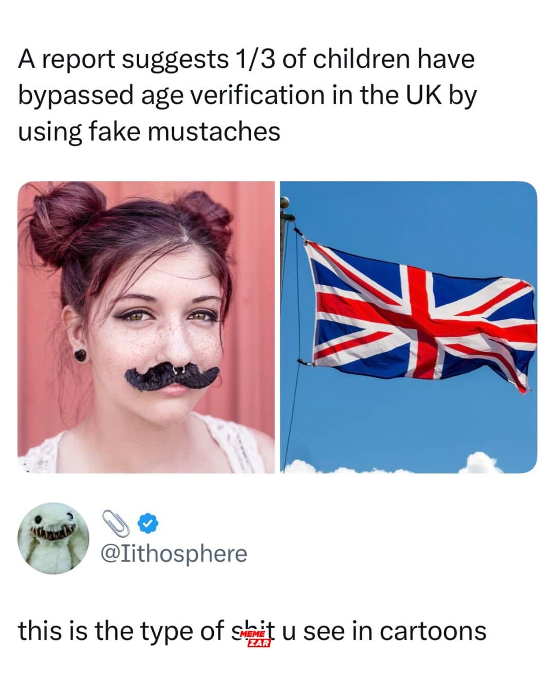 Satirical news report meme about British children using fake mustaches to bypass age verification laws in the UK.