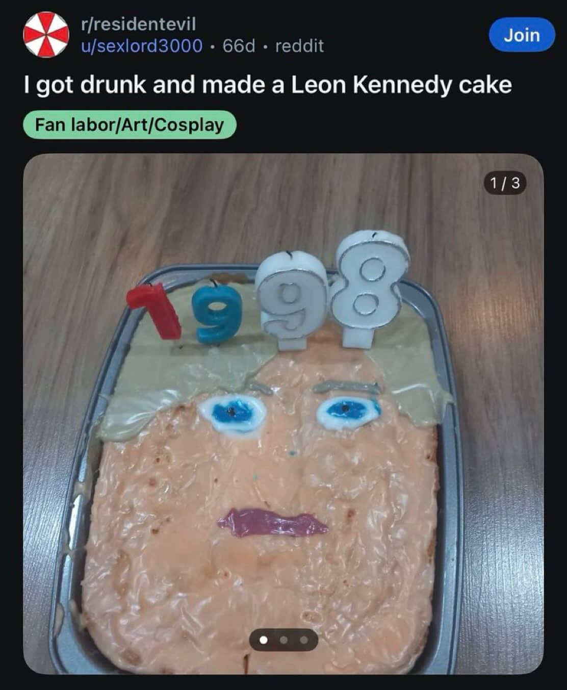 Funny Reddit post featuring a poorly made homemade Resident Evil Leon Kennedy face cake from 1998.