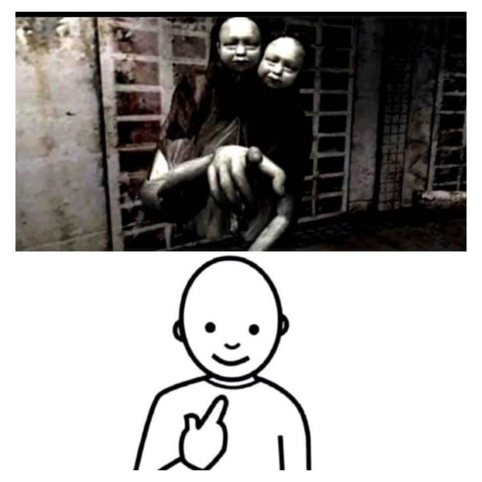 Creepy two-headed figure from a horror game compared to a simple smiling stick figure pointing at itself.