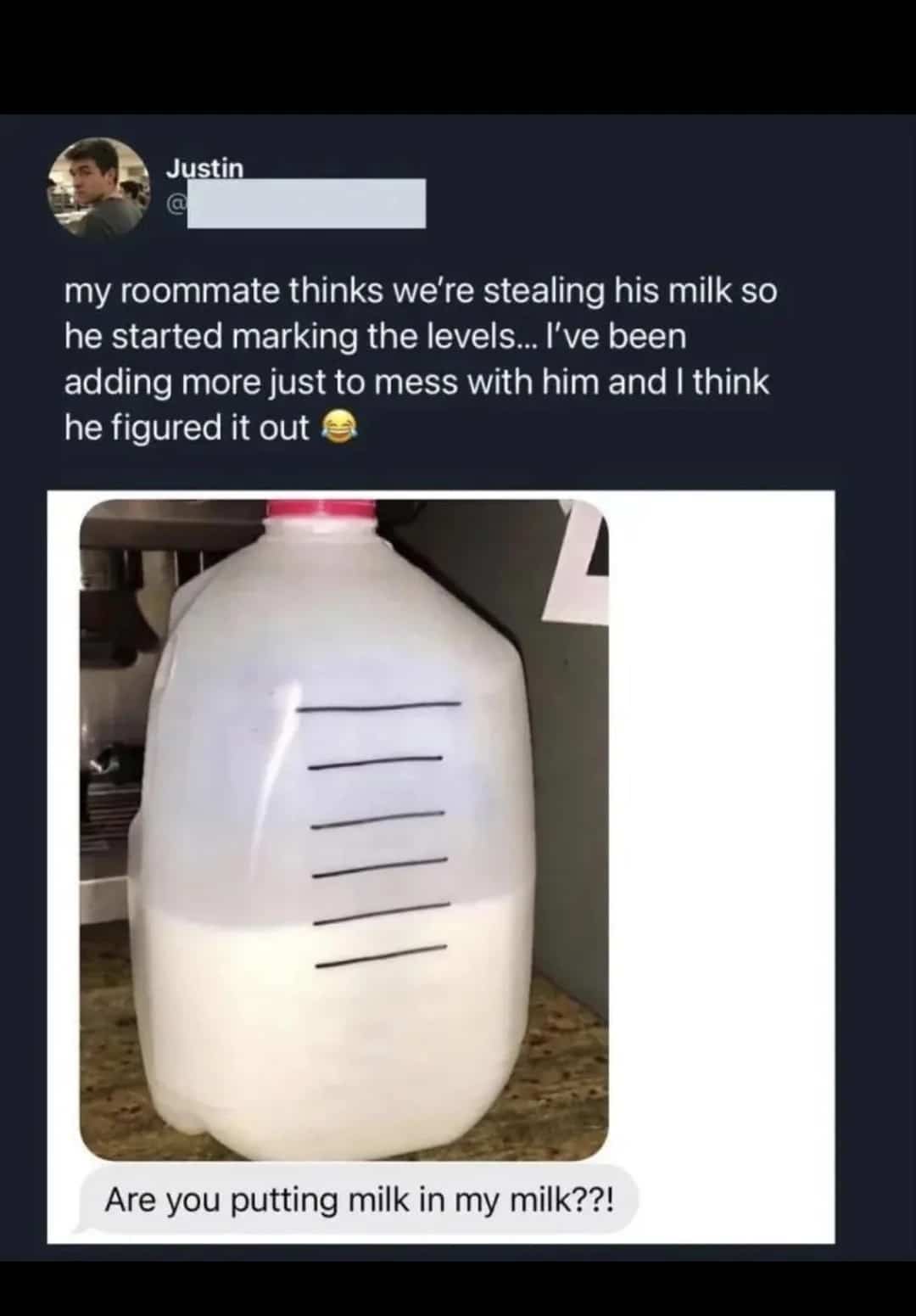Text conversation and photo of a roommate adding milk to a marked plastic milk jug.
