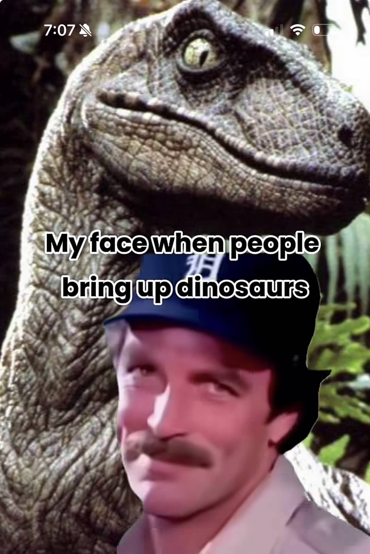 Meme featuring Robert Muldoon from Jurassic Park and a raptor captioned my face when people bring up dinosaurs.
