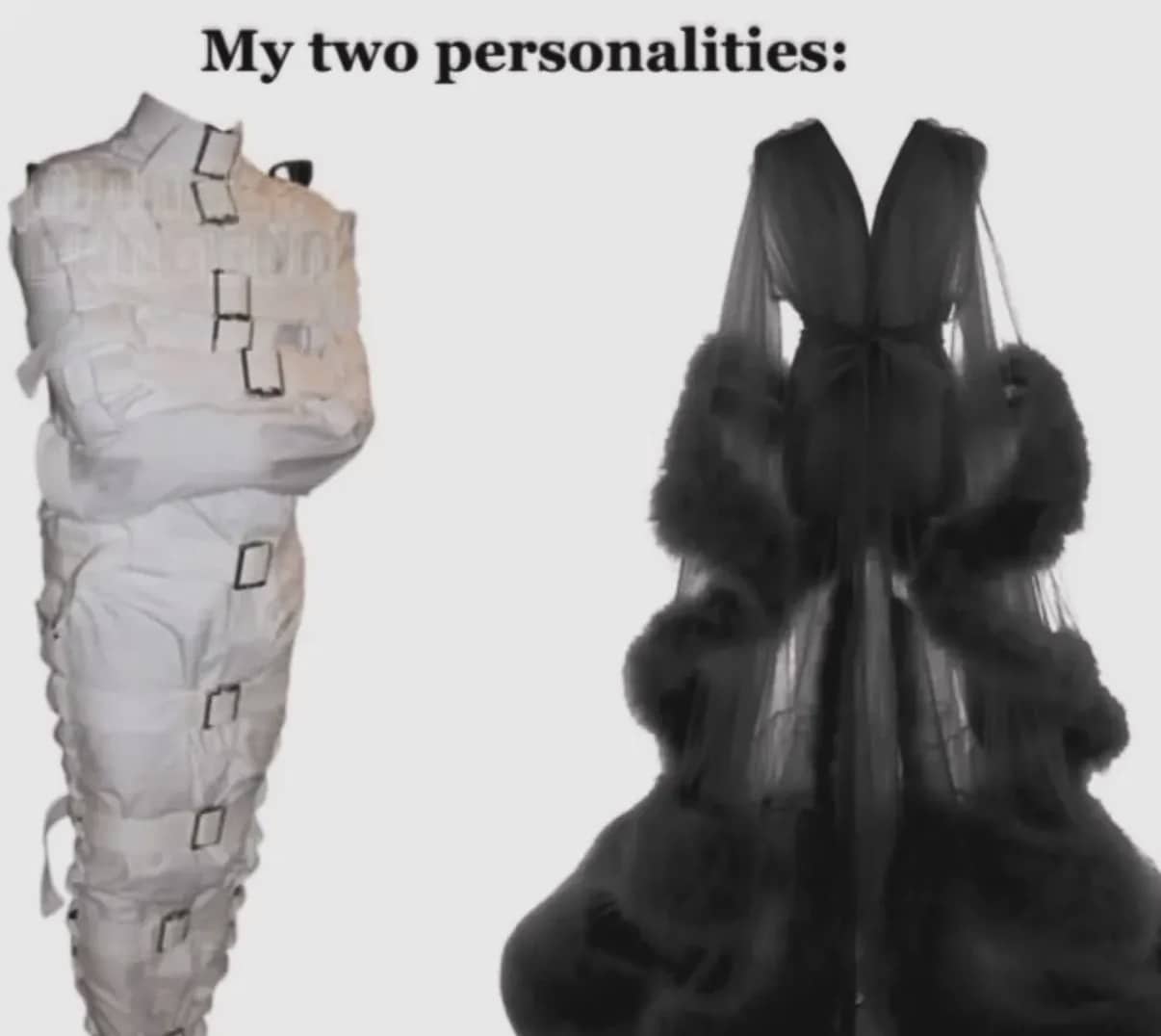Side-by-side comparison of a white straitjacket and a black gothic gown representing two personalities.