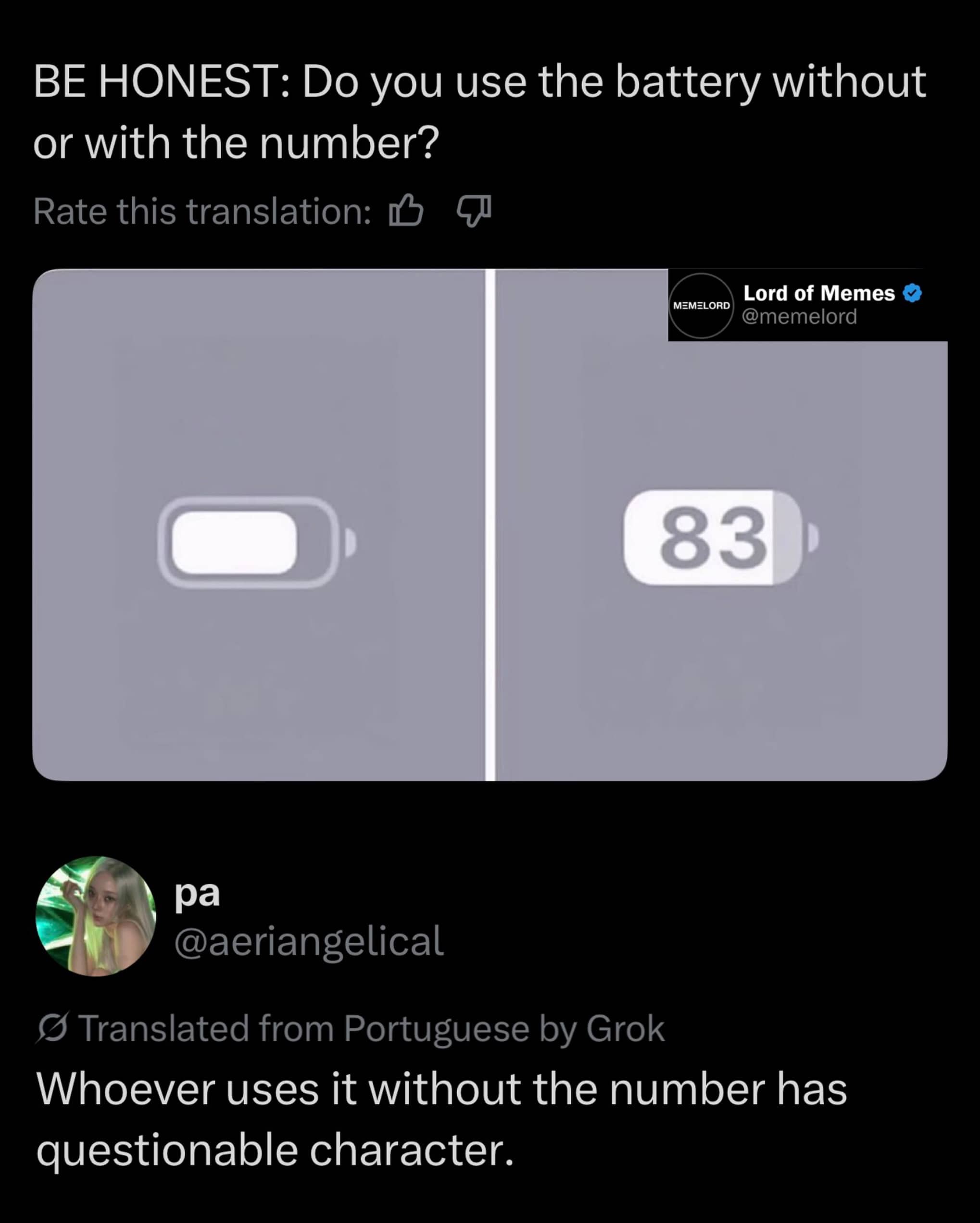 Internet culture debate meme asking whether users display their phone battery status with or without numbers.