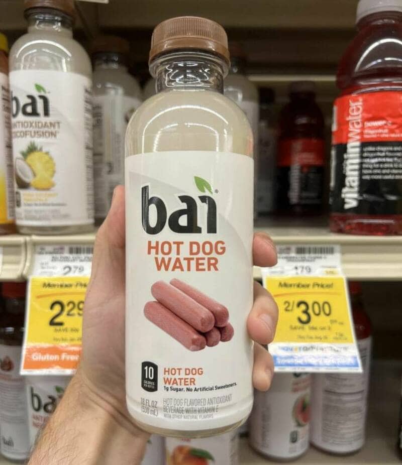 Photoshopped Bai beverage bottle labeled as hot dog water with an image of wieners.