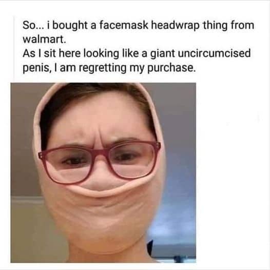 A person wearing a pink skincare facemask headwrap from Walmart that creates an unfortunate and hilarious physiological resemblance.