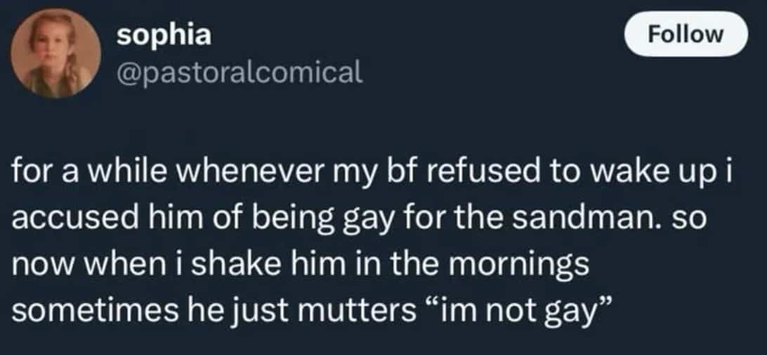 Relatable text tweet about accusing a sleeping boyfriend of being gay for the sandman.