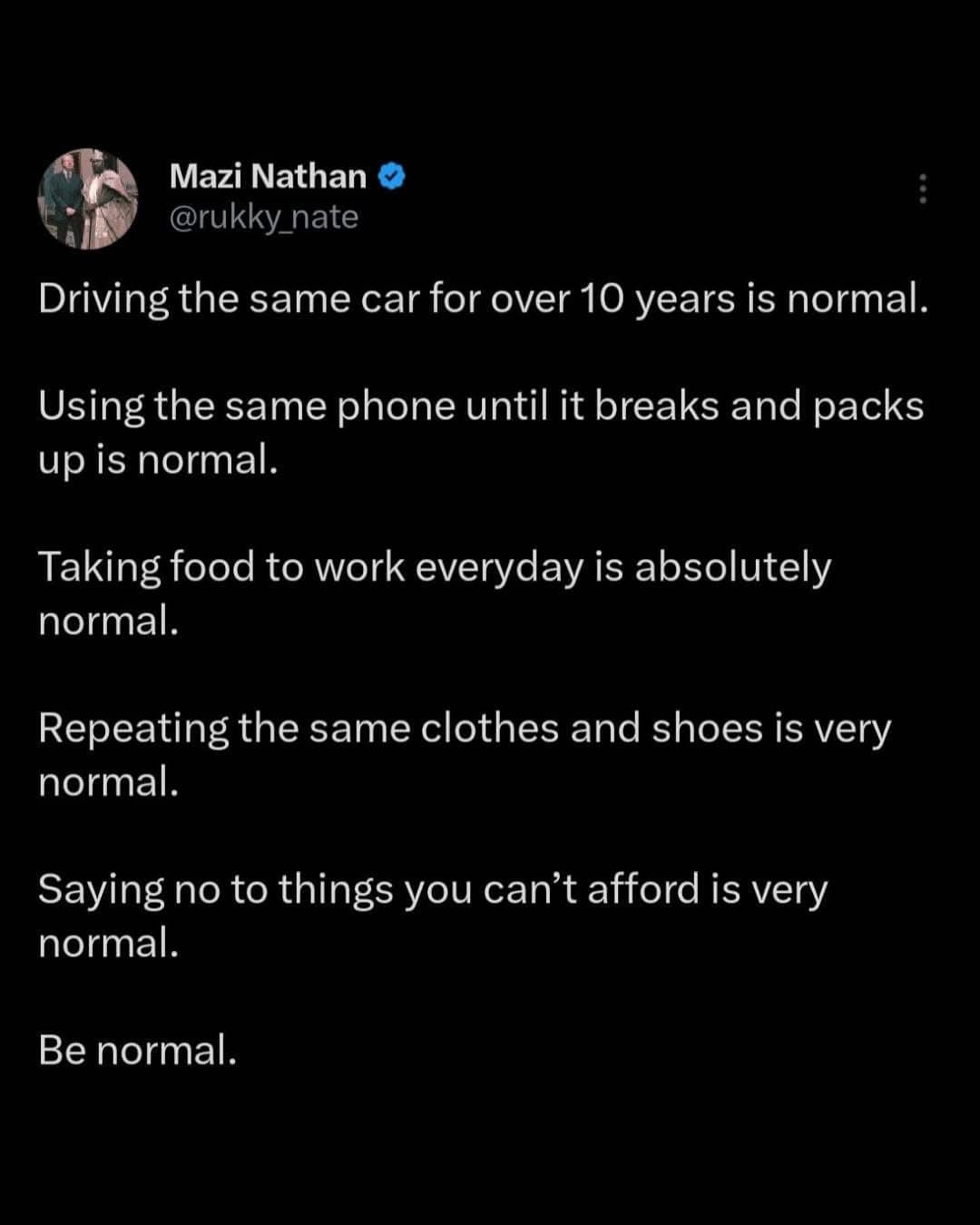 Inspiring text post normalizing financial responsibility, long-term car ownership, and packing lunch for work.