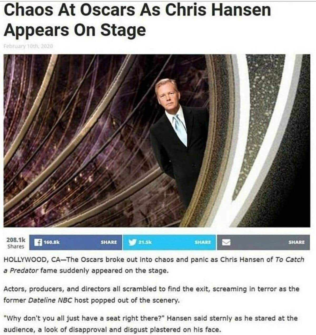 Fake news headline meme about Chris Hansen appearing at the Oscars and causing Hollywood actors to panic and flee.