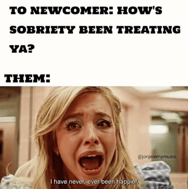 Reaction meme featuring a crying character from Euphoria claiming they have never been happier in sobriety.