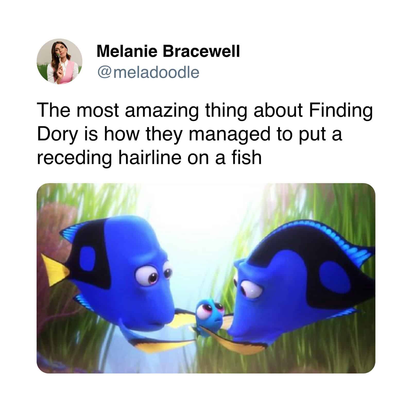 movie meme showing a screenshot from Pixar's Finding Dory of Dory's parents looking at her, highlighting a tweet marveling at how the animators managed to give a blue tang fish a distinctly visible receding hairline.