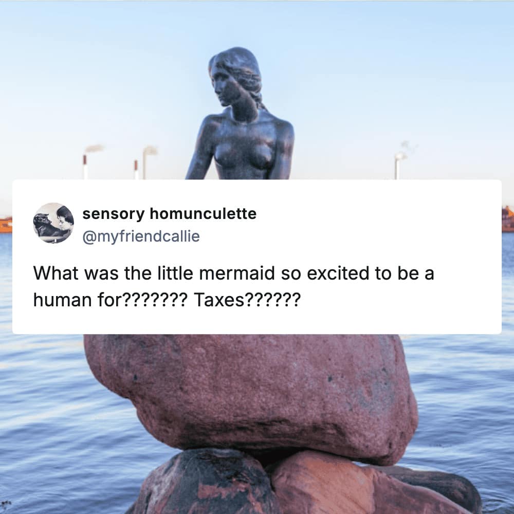 A movie meme featuring the iconic Little Mermaid statue in Copenhagen with a tweet text box questioning what Ariel was so excited to leave the ocean for, jokingly suggesting "Taxes?"