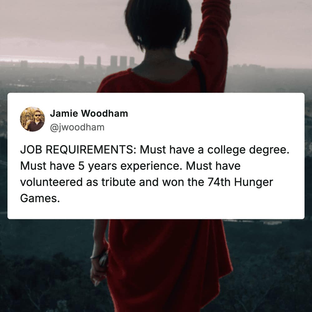 A movie meme featuring a silhouette of a person raising a hand against a city backdrop, overlaid with a satirical tweet comparing entry-level corporate job descriptions to volunteering as tribute and winning the Hunger Games.