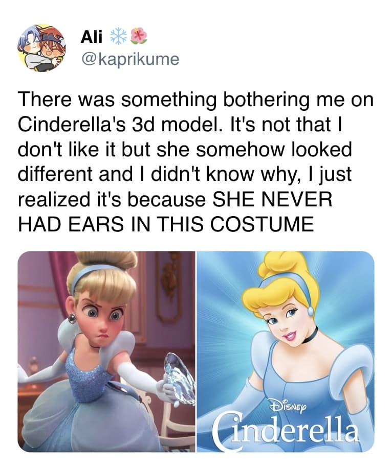 A movie meme side-by-side comparison of classic 2D animated Cinderella next to her modern 3D model, highlighting the bizarre realization that the 3D model looks strange because the original 1950 design completely hid her ears under her headband.