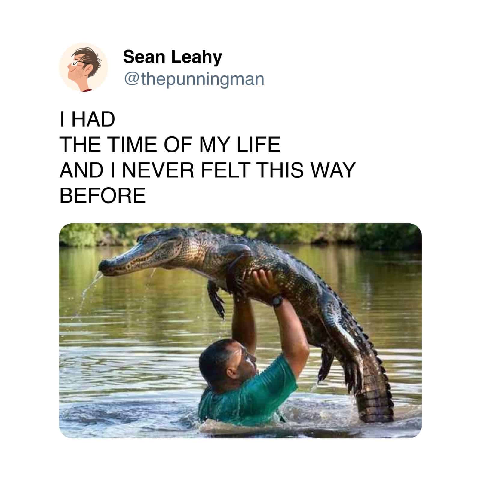 movie meme featuring a man in a river mimicking the famous Dirty Dancing lake lift scene, except instead of lifting Jennifer Grey, he is triumphantly hoisting a massive, heavy alligator above his head.