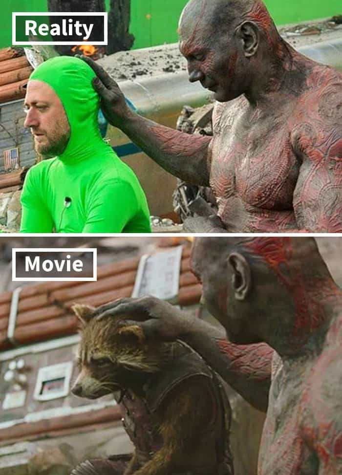 A side-by-side comparison showing Drax patting a man in a green suit versus the final movie shot of him patting Rocket Raccoon. This reveals the behind-the-scenes magic of movies before and after special effects.